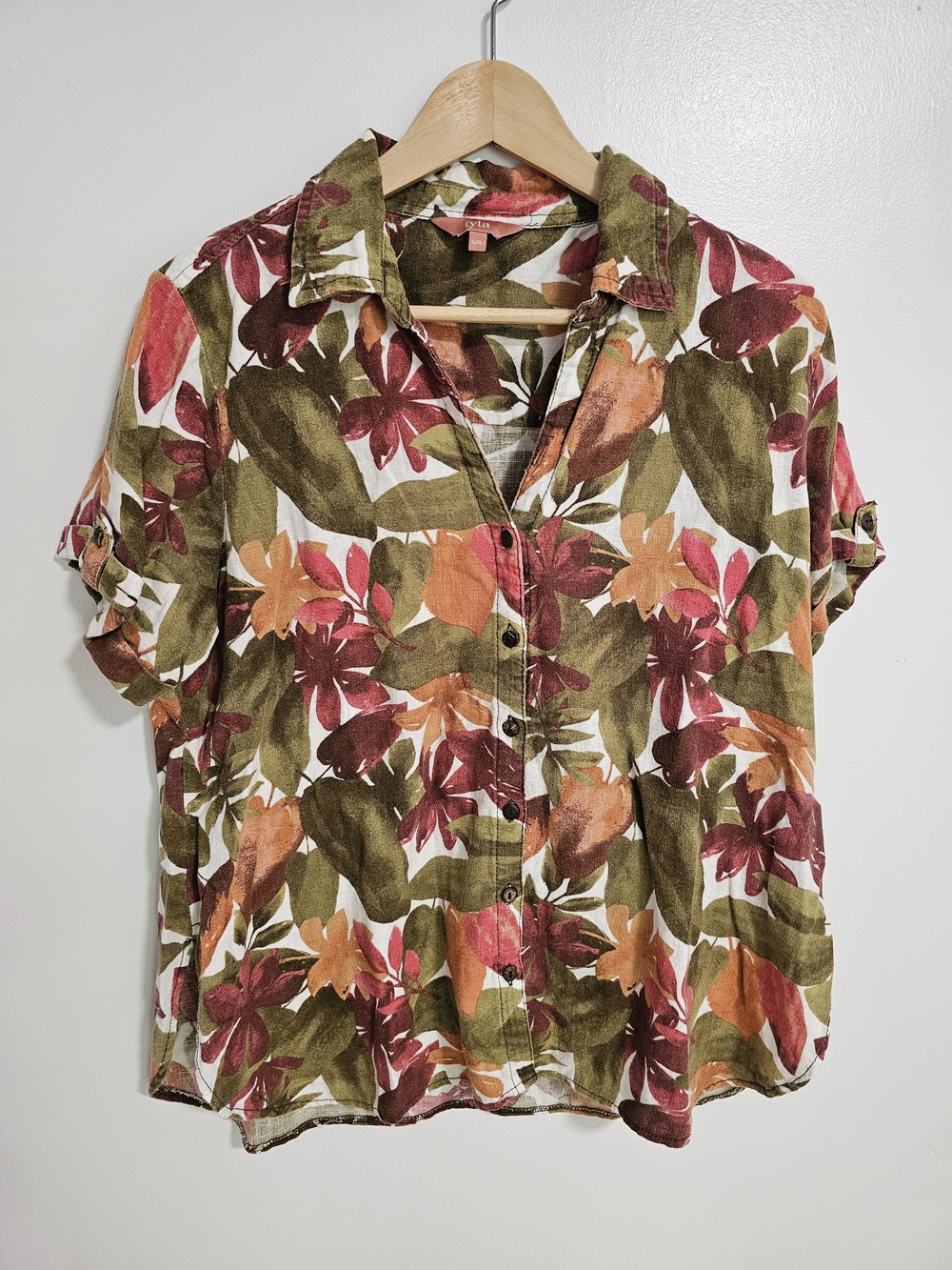 Iyla Linen Blend Short-Sleeve Button-Down Floral Shirt Size L Tropical